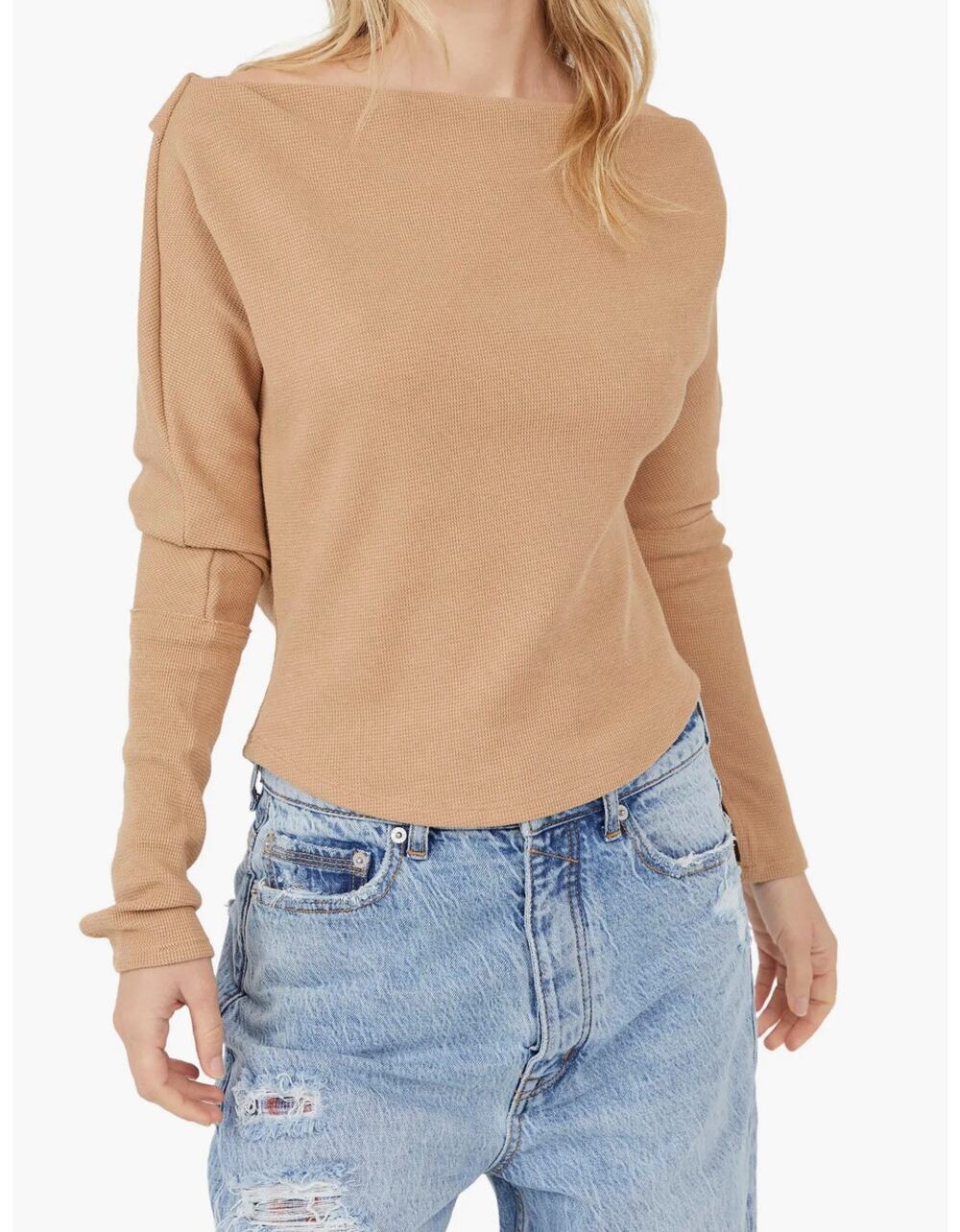 Free People We The Free Tan Off-the-Shoulder Ribbed Thermal Shirt Womens S
